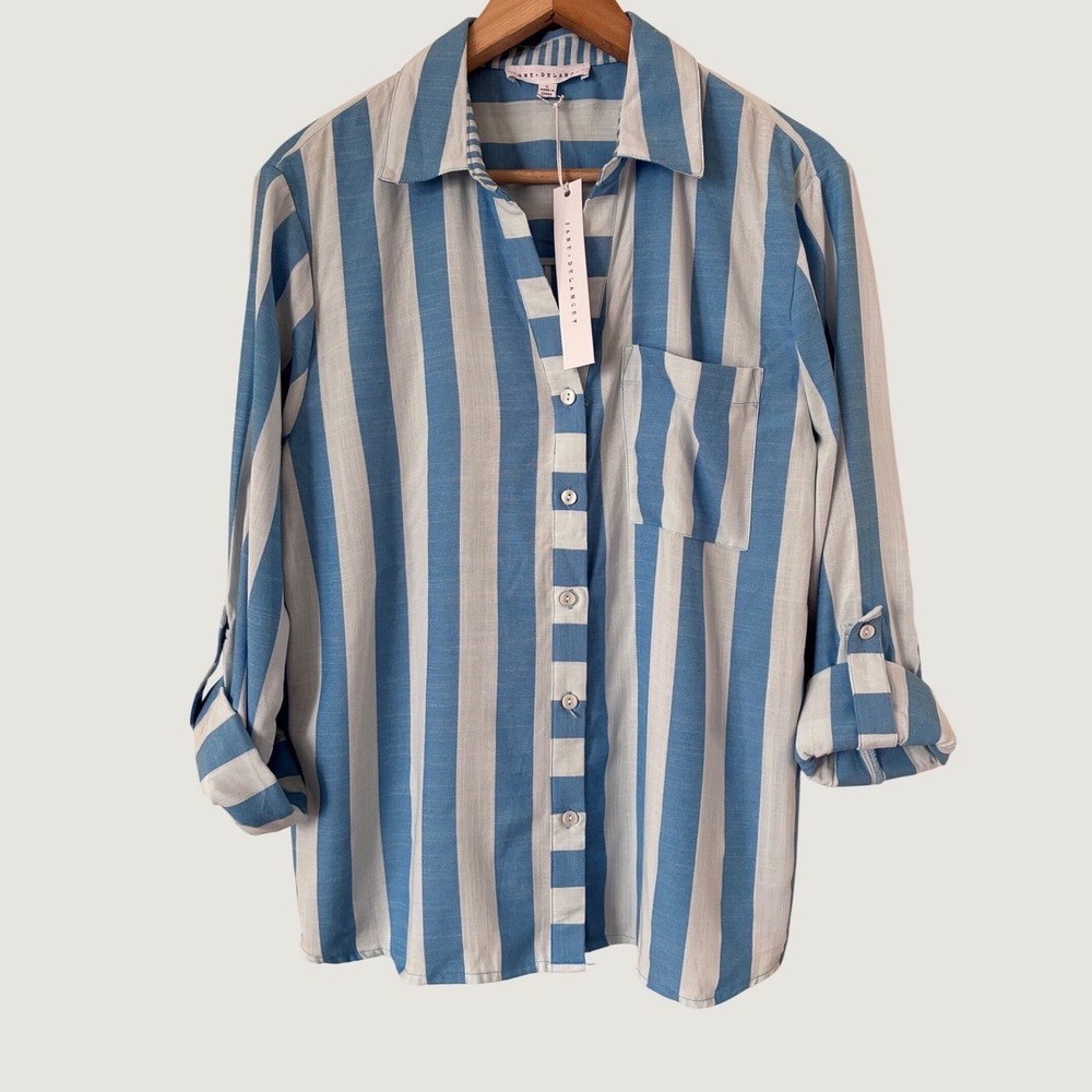 Jane + Delancey Blue White Striped Button Down Shirt Roll Tab Sleeve NWT L